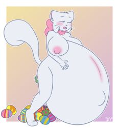 2017 anthro areola belly big_belly big_breasts birth bittersweet_candy_bowl blush bow breasts clothing dawnvula easter egg egg_laying feline female fur hi_res holidays huge_breasts hyper hyper_belly inflation lucy_(bcb) mammal navel nipples nude open_mouth pink_nose pregnant simple_background solo standing teenager webcomic whiskers white_fur young