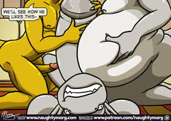 anthro brothers claws comic dialogue dragon english_text erection fin grey_penis group group_sex head_fin humanoid_penis hyper hyper_penis incest inflation male naughtymorg nude penis penis_size_difference precum sex sibling stuart_(naughtymorg) text threesome yaoi yellow_penis