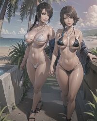 2girls ai_generated beach belly bikini bikini_bottom bikini_top black_bikini black_hair blue_sky breasts brown_hair cleavage female female_only final_fantasy final_fantasy_x final_fantasy_x-2 hand_holding large_breasts looking_at_viewer lulu_(final_fantasy) micro_bikini nipples outdoors pokies smile smiling smiling_at_viewer teasing teasing_viewer thick_ass thick_thighs thighs thong tropical walking white_bikini yuna