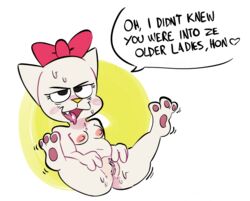 2017 anthro blush bow breasts dialogue english_text feline female fur furry furry_only heart hello_kiki hello_kitty hello_kitty_(character) hello_kitty_(series) kitty_white les_kassos mammal nipples nude open_mouth presenting presenting_pussy pussy pussy_juice samoyena sanrio simple_background smile solo spreading sweat text tongue white_fur