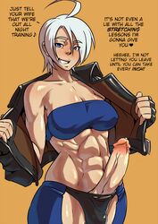 1futa abs angel_(kof) blue_eyes bulge caption cleavage clothed clothing dickgirl domination elzikyuchi english_text erection futa_only futadom futadom_caption futanari grin intersex king_of_fighters large_penis mikoyan muscles muscular muscular_futanari open_jacket penis penis_out precum snk solo solo_futa text white_hair