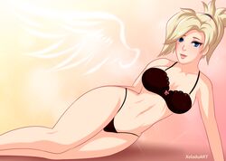 big_breasts black_bra black_panties breasts female huge_breasts large_breasts mercy on_side overwatch solo xeladuart