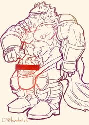 1boy armor belt biceps boots bulge clothing erect_nipples footwear fur gloves hatake horn huge_muscles hyper hyper_penis invalid_tag jockstrap large_nipples looking_at_viewer male male_only mammal muscular nipples penis quads snout solo triceps underwear vein veiny_muscles veiny_penis