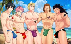 5boys 7angelm beach black_hair black_speedo blonde_hair blue_speedo bulge crab fairy_tail gajeel_redfox gildarts_clive gray_fullbuster green_speedo laxus_dreyar male_only muscular_male muscular_males natsu_dragneel nipples orange_hair pink_hair purple_speedo red_speedo seagulls speedo tattoo tattoo_on_chest tattoo_on_shoulder yaoi