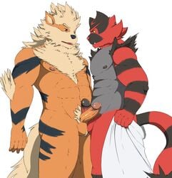 2017 2boys 5_fingers abs anthro arcanine areola athletic balls_touching bara belly biceps black_fur black_nipples black_nose body_hair canine chest_tuft duo elbow_tufts erection fangs feline frottage fur furry gay grey_fur grin highres humanoid_penis incineroar interspecies koruro male male_only mammal muscular nintendo nipples nude open_mouth orange_fur pecs penis pokemon pokemon_(species) pokemon_sm pokemorph pubic_hair red_fur sex smile standing stripes tail thick_thighs tiger towel tuft uncut white_background yaoi