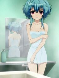 bare_back bare_shoulders bath blue_hair female high_resolution light_blue_hair looking_at_viewer lotion manglobe mashiro_iro_symphony mashiroiro_symphony mirror nude pink_eyes reflection screen_capture screencap steam tied_hair towel twintails uryu_sakuno uryuu_sakuno