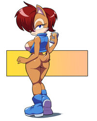 anthro back back_view big_breasts blue_jacket blue_shoes bottomless chipmunk dat_ass female female_only half-closed_eyes holding_phone jacket kojiro-brushard looking_back phone red_hair sally_acorn sideboob solo sonic_(series) tail