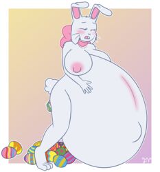 2017 anthro areola belly big_belly big_breasts birth bittersweet_candy_bowl blush bow breasts bunny_ears_(disambiguation) clothing dawnvula easter egg egg_laying feline female fur holidays huge_breasts hyper hyper_belly inflation lagomorph lucy_(bcb) mammal navel nipples nude open_mouth pink_nose pregnant rabbit simple_background solo standing teenager transformation webcomic whiskers white_fur young