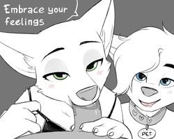 4_fingers alex blue_eyes blush bra canine collar crossdressing dialogue disney drooling eye_contact fatalfox feline fellatio fox furry green_eyes lingerie lipstick makeup male mammal monochrome nick_wilde oral oral_sex pov saliva sex smile yaoi zootopia