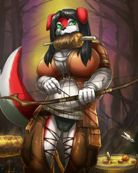 anthro bow_(weapon) breasts cameltoe canine clothed clothing female link2004 mammal meat ranged_weapon solo standing underwear weapon