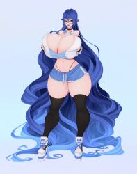 1girls big_breasts blue_hair blue_lipstick boots breasts busty choker cleavage clothing crop_top female female_only glasses headphones huge_breasts large_breasts lipstick long_hair looking_at_viewer panties platform_boots shoes shorts showing_breasts showing_off sneakers solo space_left spacey_(space_left) thick_thighs thighhighs tundromaiden white_background wide_hips