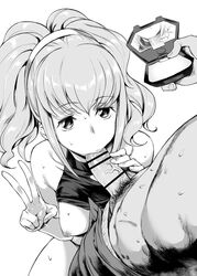 1boy anya_alstreim bar_censor bare_shoulders breasts censored code_geass collarbone fellatio female greyscale hairband looking_up male_pubic_hair monochrome mushi024 nipples oral pants_pull penis pubic_hair recording shiny shiny_hair shirt_lift short_hair simple_background solo_focus sweat twintails v veins veiny_penis white_background