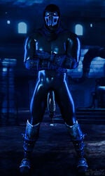 1boy 3d black_skin boots flaccid full_body gloves hood killystein large_penis leg_armor looking_at_viewer male male_only mask mortal_kombat muscular no_pupils pecs penis precum_drip shiny_skin solo solo_male source_filmmaker