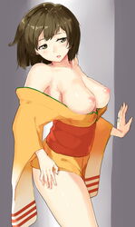 bare_legs blush bottomless breasts breasts_out brown_eyes brown_hair collarbone commentary_request female from_side hand_on_hip highres hiryuu_(kantai_collection) japanese_clothes jewelry kantai_collection kimono large_breasts nipples no_bra off_shoulder open_mouth poco_(backboa) ring short_hair short_kimono solo standing