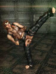 1boy 3d barefoot belts chaps circumcised feet fingerless_gloves flaccid full_body glasses_on_forehead hwoarang killystein leg_up looking_to_the_side male_only martial_artist necklace penis skull_pendant solo source_filmmaker spread_legs tekken testicles toes vest