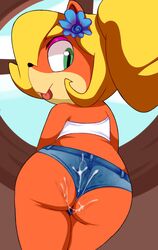 anthro ass ass_eating_shorts bandicoot bare_shoulders bent_over black_nose blonde_hair blue_shorts blue_sky booty_shorts clothing cloud coco_bandicoot crash_(series) cum cum_on_ass cum_on_body day denim denim_shorts eyeshadow female flower fur green_eyes hair hair_flower hair_ornament inside long_hair looking_at_viewer looking_back makeup mammal marsupial missdetrop mouth_closed multicolored_fur orange_fur plant ponytail portrait rear_view shorts sky smile solo tan_fur three-quarter_portrait tongue tongue_out tube_top video_games wedgie window wood