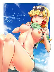 1girls areolae bikini_bottom blonde_hair blue_eyes blush breasts earrings embarrassed female female_only flashing frills jcm2 leni_loud lifted_by_self looking_down mostly_nude nipples partially_clothed shirt_lift solo solo_female striped_bikini striped_bikini_bottom sunglasses_on_head the_loud_house wet