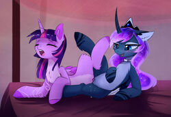 2girls alicorn blue_eyes blue_fur cosmic_hair duo equine feathered_wings feathers female friendship_is_magic fur furry hair hooves horn magnaluna mammal my_little_pony open_mouth princess_luna_(mlp) princess_twilight_sparkle_(mlp) purple_feathers purple_fur purple_hair pussy smile tribadism twilight_sparkle_(mlp) twiluna wings yuri