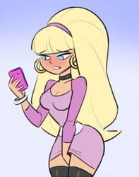 1girls aged_up big_hair biting_lip blonde_hair blue_eyes blush cleavage disney disney_channel eyeshadow female female_masturbation female_only gravity_falls hand_under_skirt hoop_earrings hourglass_figure masturbation pacifica_northwest samson_00 smartphone solo straight_hair