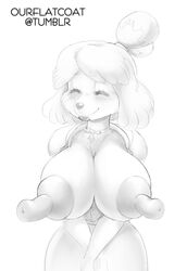 2017 animal_crossing anthro areola big_breasts blush breasts canine clothing erect_nipples female greyscale hair huge_breasts isabelle_(animal_crossing) long_nipples mammal monochrome nintendo nipples ourflatcoat simple_background smile solo video_games white_background