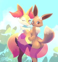 2girls ass b-epon blep braixen breasts brown_body brown_fur cream_fur cute eevee featureless_breasts featureless_crotch female female_only floatie flower_in_hair fluffy_tail furry furry_only generation_1_pokemon generation_6_pokemon grey_fur inner_ear_fluff looking_at_viewer mlem neck_fluff one_eye_closed orange_eyes orange_fur pokémon_(species) pokemon pokemon_(species) pokemon_rgby pokemon_xy signature small_breasts tail tongue tongue_out white_fur wholesome wink winking winking_at_viewer yellow_body yellow_fur yuri