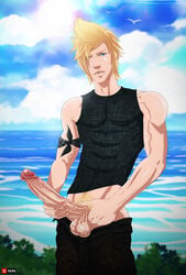 1boy beach blonde_hair erection final_fantasy final_fantasy_xv gnin gninrom large_penis looking_at_viewer male_only muscle ocean outdoors penis penis_grab prompto_argentum public sky solo undressing