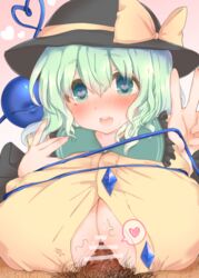 1boy alternate_breast_size bar_censor blouse blush breasts censored cleavage female green_eyes green_hair heart heart-shaped_pupils highres huge_breasts koishi_komeiji looking_at_viewer male_pubic_hair margamoid paizuri paizuri_under_clothes penis pubic_hair short_hair smile solo_focus spoken_heart symbol-shaped_pupils third_eye touhou upper_body v yellow_blouse