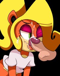 anon anthro balls bandicoot bent_over black_background black_nose blonde_hair bottomless clothed clothing coco_bandicoot crash_(series) cum cum_in_hair cum_on_face disembodied_penis ejaculation eyelashes eyeshadow female flower fur hair hair_flower hair_ornament half-closed_eyes human human_on_anthro interspecies licking long_hair makeup male mammal marsupial missdetrop mouth_closed multicolored_fur one_eye_closed oral orange_fur penis penis_lick plant ponytail portrait sex shirt short_sleeves simple_background smile solo_focus standing straight t-shirt tan_fur three-quarter_portrait tongue tongue_out video_games white_shirt