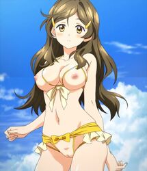 beach bikini blush breasts brown_eyes brown_hair crotchless_bikini cupless_bikini female groin himawari_shinomiya large_breasts navel pussy shinomiya_himawari sky vividred_operation yellow_bikini