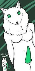 1futa animal_genitalia animal_penis anthro breasts canine canine_penis dickgirl english_text erection fox fur futanari green_background green_eyes green_penis higgz intersex long_tongue looking_at_viewer mammal navel penis simple_background solo text tongue tongue_out vix white_fur