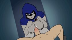 1boy alien animated annoyed areola breasts dc dc_comics female grey_skin hood human large_breasts male navel nipples paizuri pale_skin penis rachel_roth raven_(dc) sinensian straight teen_titans