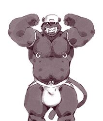 anthro baseball_cap big_bulge clothing flexing furry hat jockstrap male male_only musclegut nipple_piercing nipples penis piercing sabertooth_(disambiguation) taoren underwear