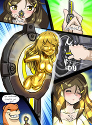 big_breasts blush breasts brown_hair cyber_(cyber_knight) female gold_(metal) gold_skin gold_statue himawari_shinomiya large_breasts metal metal_breasts metal_girl metal_hair metal_nipples metal_skin metal_transformation metal_vagina metallic metallic_body nipples nude petrification pussy shinomiya_himawari shiny shiny_skin transformation vividred_operation yellow_eyes