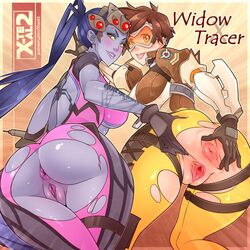 2girls alternate_version_available chronal_accelerator cleavage curvy erect_nipples female glasses harness huge_areolae huge_ass huge_breasts human multiple_girls overwatch puffy_nipples short_hair thick_lips tracer very_long_hair voluptuous wide_hips widowmaker x-teal