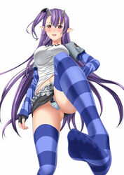 bandaid blush breasts demon_girl demon_horns fanart feet female fingerless_gloves from_below hand_on_hip horns large_breasts leviathan_(nanatsu_no_taizai) long_hair looking_at_viewer miniskirt monster_girl no_shoes pointy_ears pov pov_feet purple_hair red_eyes side_ponytail sin_nanatsu_no_taizai soles striped_legwear t-shirt thighhighs toes