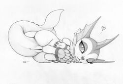 1girls 2017 anus bondage bound canine claws ecmajor eeveelution eyelashes female female_only feral furry heart hi_res hindpaw monochrome nintendo nude one_eye_closed pawpads paws pokémon_(species) pokemon pokemon_(species) pussy solo tail traditional_media_(artwork) vaporeon video_games wink