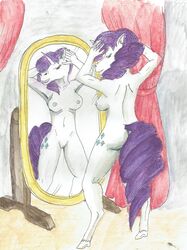 2017 anthro breasts clitoris equine female friendship_is_magic fur hair horn horse mammal mirror my_little_pony nipples nude nyghtmar3 pony pussy rarity_(mlp) smile solo standing straight_hair traditional_media_(artwork) unicorn watercolor_(artwork)