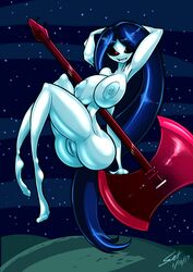 adventure_time armpits axe big_breasts black_hair breasts cartoon_network electric_guitar female guitar huge_breasts humanoid levitating looking_at_viewer mammal marceline melee_weapon musical_instrument night nipples nude pussy saliant solo vampire weapon