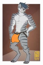 abs anthro aolun_(character) balls big_balls big_penis blue_hair bulge bulge_through_clothing clothing dick_root dominate_(artist) feline fur hair jockstrap looking_at_viewer male male_only mammal muscular pecs penis smile solo standing tusks underwear