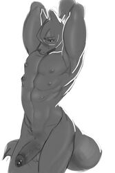 1boy 2:3 anthro balls canid canine erection fishboner_(artist) genitals hair humanoid_genitalia humanoid_penis looking_down male male_only mammal monochrome multi_nipple muscular muscular_anthro muscular_male nipples nude penis ponytail pose simple_background solo white_background