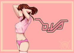 brown_eyes brown_hair d.va female gawacchan hair_pin overwatch pink_panties profile_view solo t-shirt