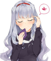 blush closed_eyes cum cum_in_mouth female hairband idolmaster long_hair shijou_takane silver_hair simple_background smile solo tuxedo_de_cat white_background