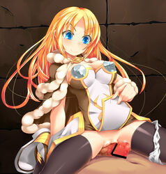 1boy armor black_legwear blonde_hair blue_eyes breasts cowgirl_position cra4 female grinding high_wizard large_breasts long_hair panties panties_around_leg penis pussy ragnarok_online shawl skirt skirt_lift smile solo_focus straddling thigh_sex thighhighs underwear white_panties