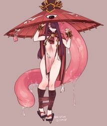 demon demon_girl female full_length gyarusatan karakasa_obake looking_at_viewer monster monster_girl monster_girl_encyclopedia saliva solo standing tongue tongue_out umbrella youkai