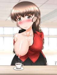 blush breasts brown_eyes brown_hair female girls_und_panzer io-catalyst lactation large_breasts nipples rukuriri solo tea teacup tears