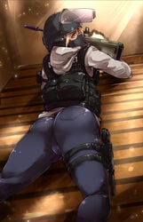 1girls ass blonde_hair bulletproof_vest cameltoe female gun helmet iq_(rainbow_six) jeans looking_at_viewer looking_back policewoman rainbow_six rainbow_six_siege skin_tight tight_jeans tight_pants tom_clancy yellow_eyes