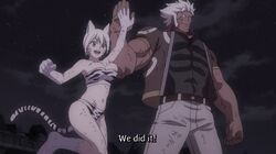 1boy 1girls animated blue_eyes bouncing_breasts brother_and_sister cat_ears curvaceous elfman_strauss fairy_tail fur_bikini high_five large_breasts lisanna_strauss male siblings white_hair