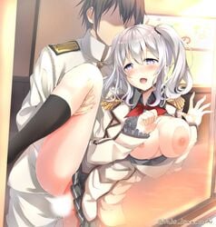 1boy :d admiral_(kantai_collection) against_glass against_window black_hair black_legwear blush breast_press breasts breasts_out censored doggy_style epaulettes faceless faceless_male female grey_skirt happy_sex kantai_collection kashima_(kantai_collection) kinakomochi_(egoist) kneehighs large_breasts leg_grab leg_lift nipples open_mouth pleated_skirt sex short_hair silver_eyes silver_hair skirt smile twintails twitter_username uniform vaginal_penetration