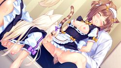 2girls animal_ears apron azuki_(sayori) bell blonde_hair blue_eyes blush breasts brown_hair cat_ears cat_tail censored closed_eyes clothed_sex coconut_(sayori) cum cum_on_body game_cg group_sex large_breasts long_hair maid maid_apron multiple_girls nekopara open_clothes open_mouth sayori sex small_breasts sweat tail threesome twintails vaginal_penetration