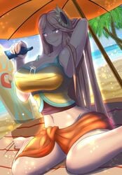 beach blanket blonde_hair dat_ass highres large_ass large_breasts league_of_legends leona_(league_of_legends) long_hair naughty oil pool_party_leona pool_party_series shine shining smile sunflower surfboard torahime umbrella